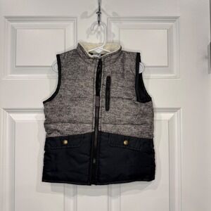 Little Lad Boys Grey Black Puffer Vest Faux Shearling Collar Size 4T